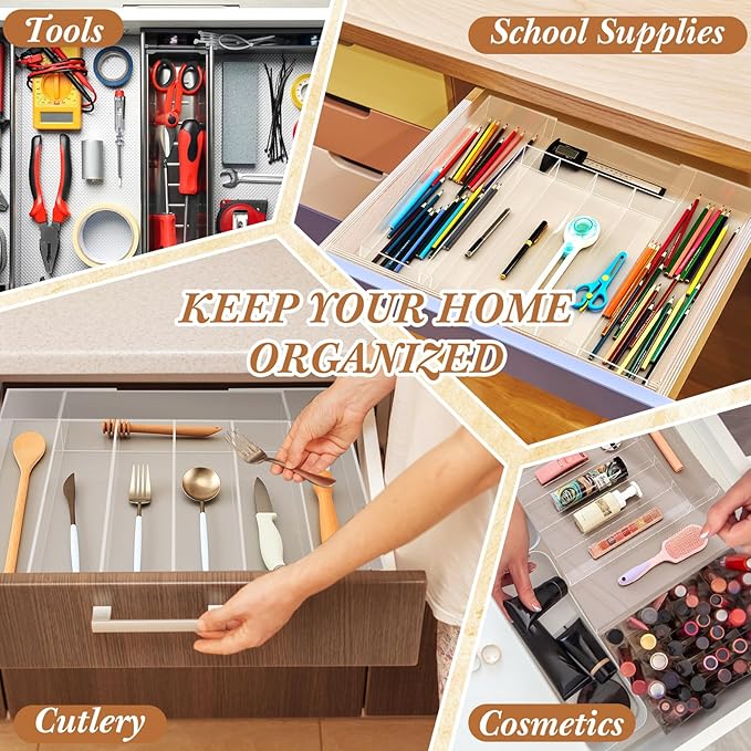Teenyyou 1 Pack Expandable Kitchen Drawer Organizer Clear Acrylic Utensil Organizer Adjustable Acrylic Silverware Storage for Drawers Silverware Flatware Knives (12 x 16 Inches,5-7 Compartments)