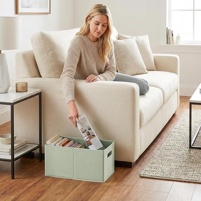 StorageWorks Fabric Storage Bins for Shelves, Closet Organizers and Storage Baskets, Collapsible Storage Bins with Cutout Handles, Medium, 2-Pack, Ivory and Light Green