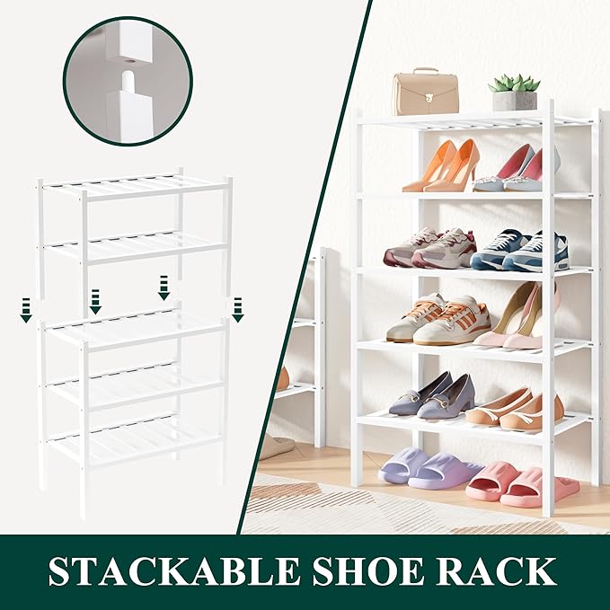 Smiry Bamboo Shoe Rack for Closet, 5 Tier Small Wooden Shoe Organizer, Stackable Wood Shoe Storage Shelf for Entryway, 14 Vertical Slats, 2+3 Stack Heavy-Duty Legs, 17.32"x11.02"x31.3", White