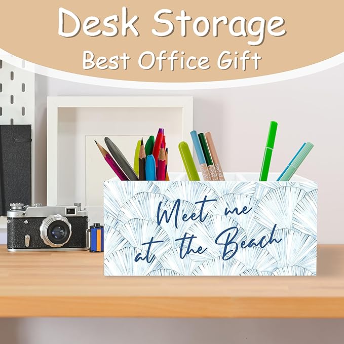 Beach Gifts for Women Men, Meet Me at The Beach Pen Holder for Home Office Kitchen Desk Decor, Coastal Makeup Brush Toothbrush Holder Organizer for Bathroom Desk Accessories