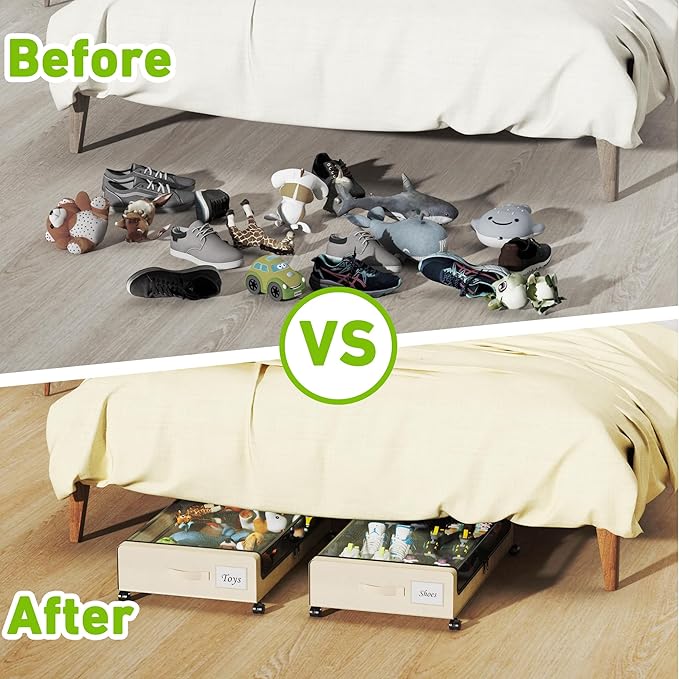 Under Bed Storage with Wheels, XXL 60L Under the Bed Storage Bins, 2-Pack Beige