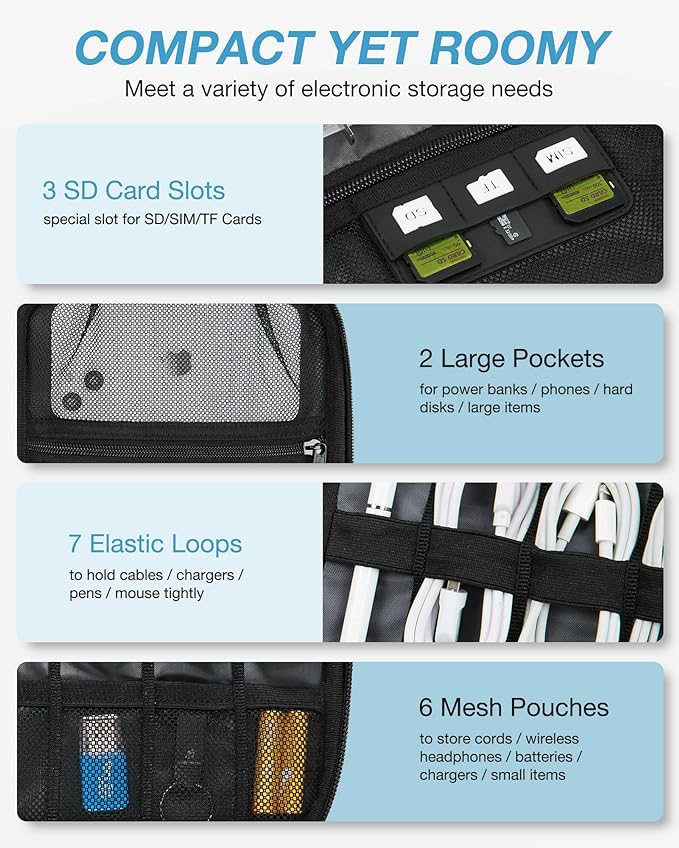 BAGSMART Large Electronics Travel Organizer Case, Tech Accessories Cord Storage Bag for Phone, Power Bank, SD Card, Cables, Black