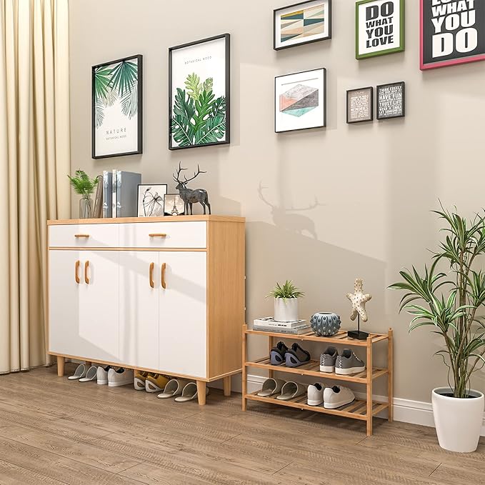 Shoe Rack, 3-Tier Bamboo Stackable Shelf Storage Organizer, Natural