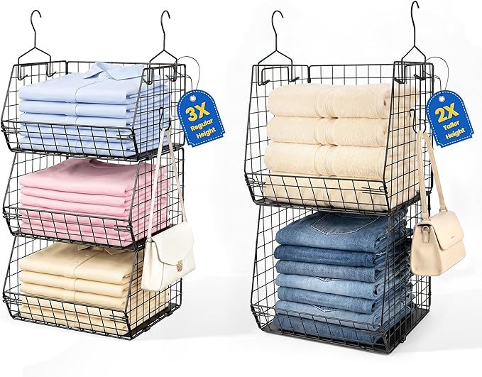 5 Tier Metal Hanging Closet Organizer with 2 Extra Tall Storage Baskets & 3 Standard Wire Baskets, Heavy Duty Foldable Closet Organizer with Snag‑Free Liners for Clothes, Jeans, Handbags, Hats