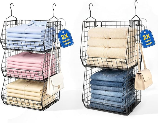 5 Tier Metal Hanging Closet Organizer with 2 Extra Tall Storage Baskets & 3