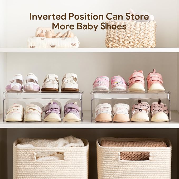 HBlife Clear Acrylic Kids Shoe Rack Baby Toddler Shoe Storage Organizer for Closet Floor Entryway Bedroom, 3 Tier Stackable Small Shoe Rack Shelf Display Stand
