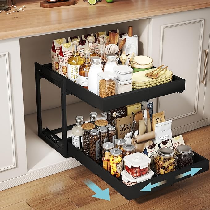 Golener 2-Tier Expandable Pull Out Cabinet Organizer - 21" Deep Pull-Out Drawers for Kitchen Cabinets, 2 Slide Home Storage Organizers, Slide Out Shelves for Base Cabinet Organization in Kitchen,Black