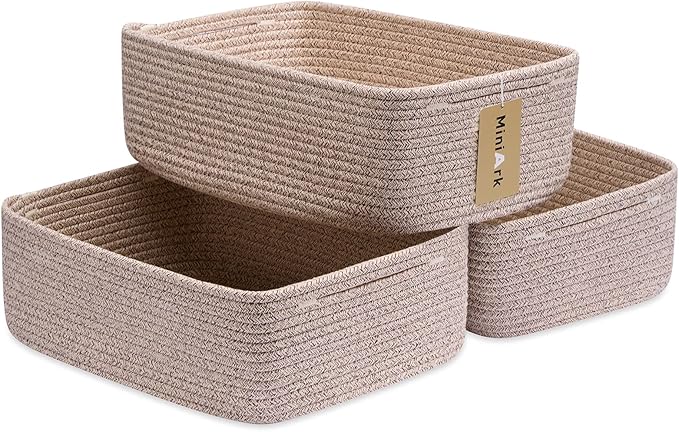 MiniArk Large Shallow Organizing Baskets 15x11x5.1 Inches - Rope Woven Storage Bins for Bathroom, Shelves, Cube Closet, Mixed Brown 3 Packs