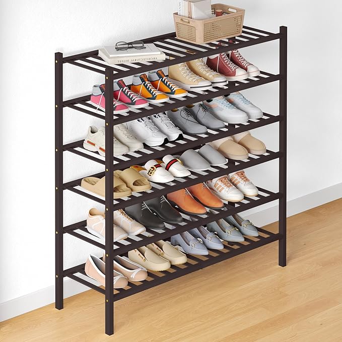 Smiry Bamboo Shoe Rack for Closet, 6 Tier Long Wooden Shoe Organizer, Stackable Wood Shoe Storage Shelf for Entryway, 14 Vertical Slats, 3+3 Stack Heavy-Duty Legs, 33.86"x11.02"x36.61", Brown