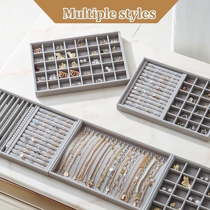 Large Velvet Jewelry Tray 2 Pack Stackable Jewelry Display Drawer Inserts Trays Organizer for Earring Bracelet Necklace Ring (Gray, Ring and 24 Grids)