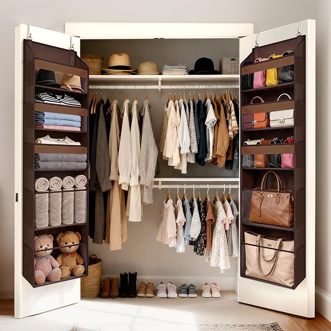 5 Tiers Over Door Organizer with 10 Mesh Side Pockets, Dark Brown