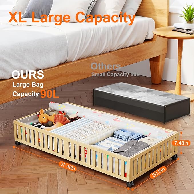 Bamboo Under Bed Storage Containers with Wheels, 40L UnderBed Drawers with Dust Bag, Breathable Under Bed Shoe Storage, Rolling UnderBed Clothes Storage, 2Pack