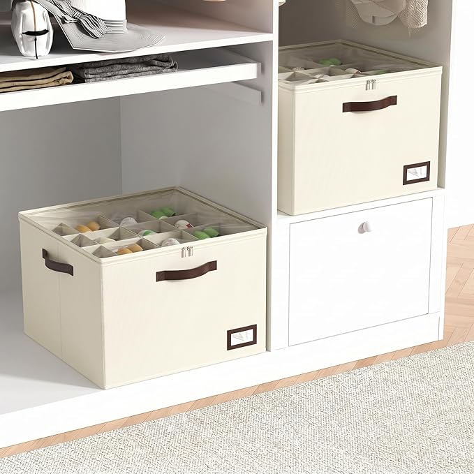 OIAHOMY 2 Pack Shoe Organizer for Closet, Large Foldable Shoe Storage Bins with Dividers and Reinforced Handles, Each Clear Cover Sneaker Box Fits Up to 16 Pairs for Entryway and Bedroom, Beige
