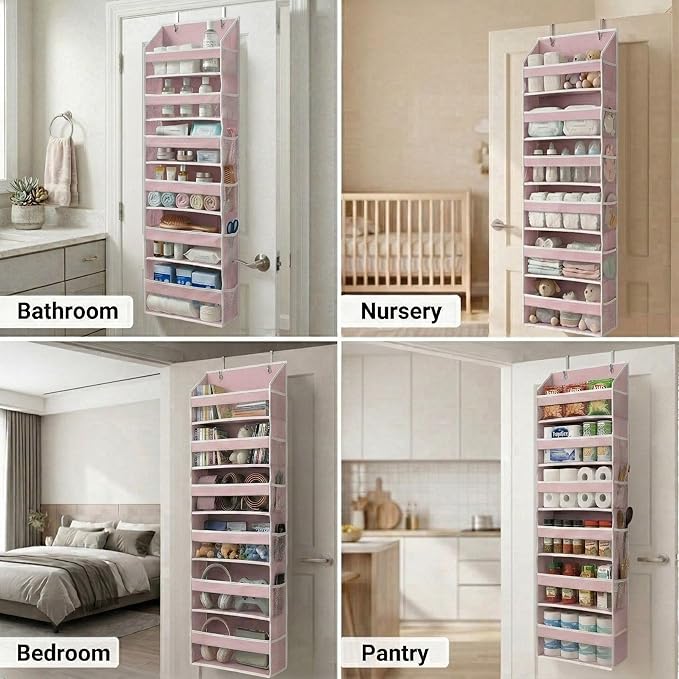 HOMELUX THEORY UPGRADED 6 Tiers Over The Door Organizer Hanging - 100D EXTRA THICK & 50lbs HUGE CAPACITY, 12 Side Mesh Pockets Over The Door Shoe Organizer, Hanging Closet Organizer (Baby Pink, 2pc)