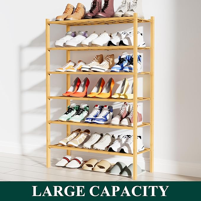 Smiry Bamboo Shoe Rack, 6 Tier Free Standing Wooden Shoe Organizer, Stackable Wood Shoe Storage Shelf for Closet, Entryway, 12 Vertical Slats, 2+2+2 Stack Standard Legs, 26.8"x11"x39", Natural
