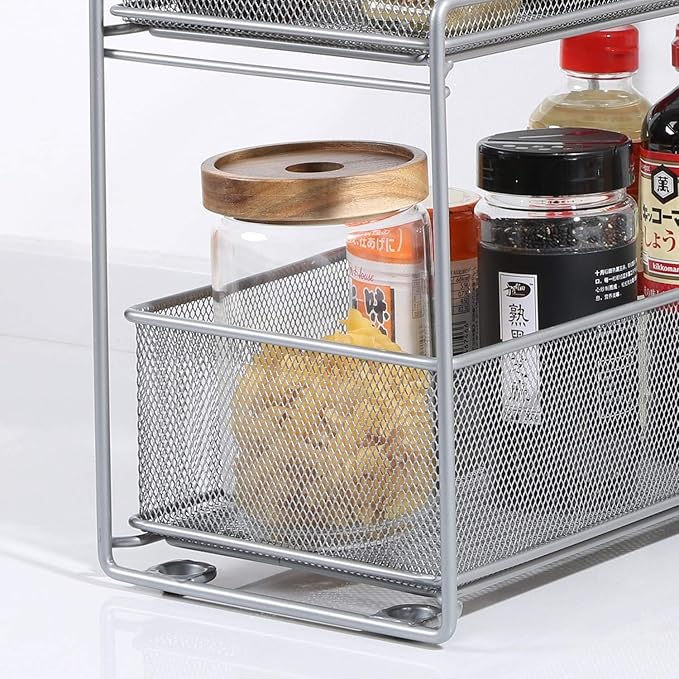 2 Tier Sliding Basket Stackable Cabinet Pull-Out Drawer Mesh Organizer