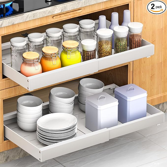 2 Pack Pull Out Cabinet Organizer Expandable,Adjustable 12-21 Inch Width Slide Out Drawer Shelves,Painted Carbon Steel with Heightening Pad,No Drill,for Kitchen/Bathroom/Pantry/Under Sink/Laundry Room