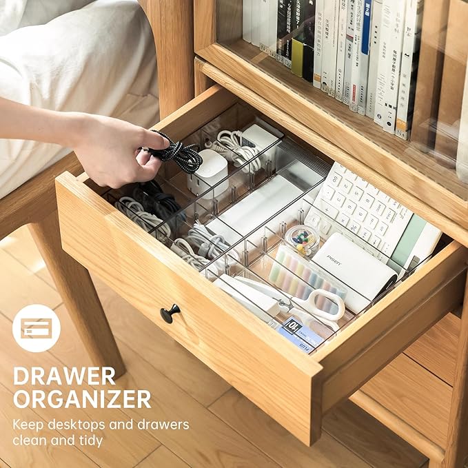 FRETONBA 2 Pack Cable Storage Organizer Box with 8 Compartments and 14 Wire Ties, Stackable Charger Organizer, Clear Cord organizer for Drawer, Adjustable Divider Cord Management Box