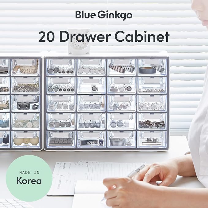 Blue Ginkgo Small 20-Drawer Cabinet, Made in Korea, Gray
