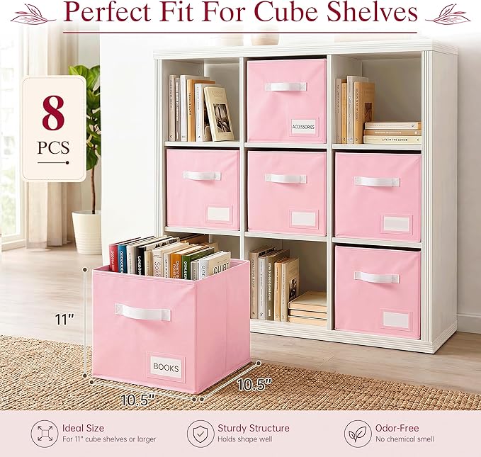 Storage Cubes 8 Pack, 11 Inch Fabric Storage Cubes Organizer Bins with Labels, Odor-Free & Sturdy PP Structure, Cubby Baskets for Closet, Shelves, Toys & Nursery ( Pink)