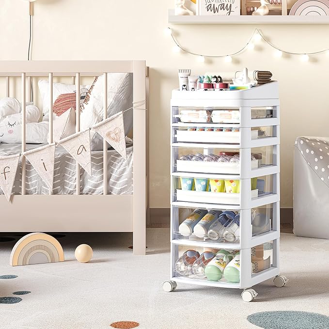 Rolling Cart with 6 Drawers, Clear Plastic Drawer Organizers, Dust Proof Under Desk Storage for Makeup, Skincare, Art Crafts and Baby Items, Acrylic Cosmetic Organizer with Dividers, Vanity Cart