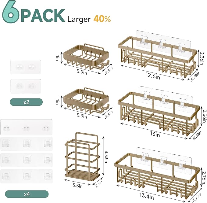 Shower Caddy 6-Pack, No Drilling & Rustproof, Matte Gold