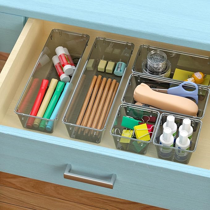 6 Pack Clear Drawer Organizer Set, Acrylic Drawer Storage Trays, Black