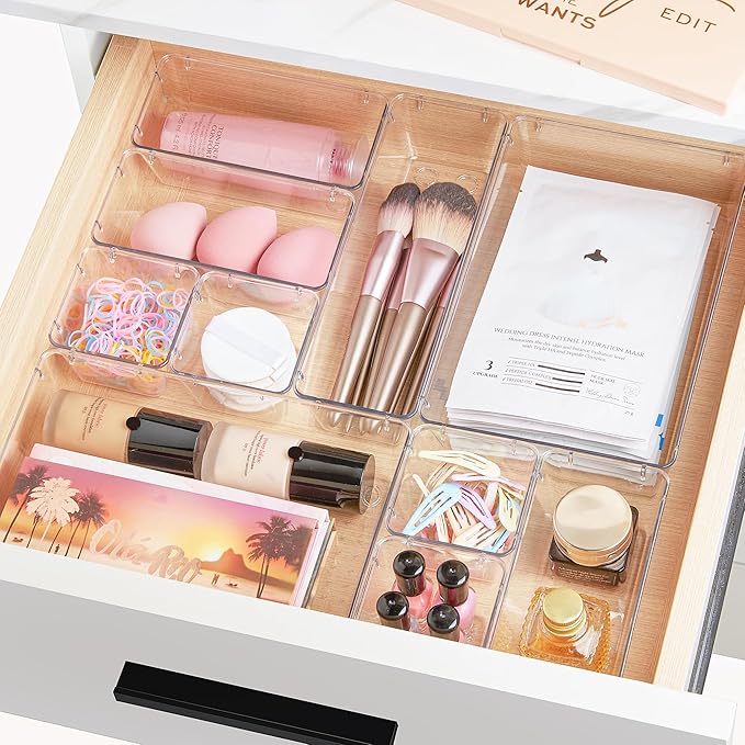 15 PCS Clear Plastic Drawer Organizers Set