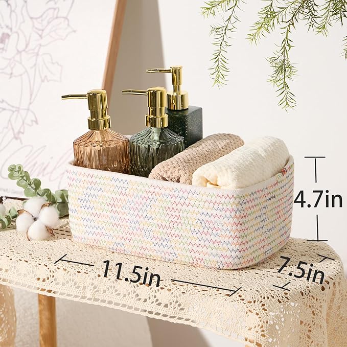 MiniArk Small Storage Baskets for Organizing | Closet Organizer Bins | Shelf Toy Basket | Woven Rope Baskets | Cube Decorative Box | Shallow Basket | 11.5x7.5x4.7” | 4 Packs Rainbow