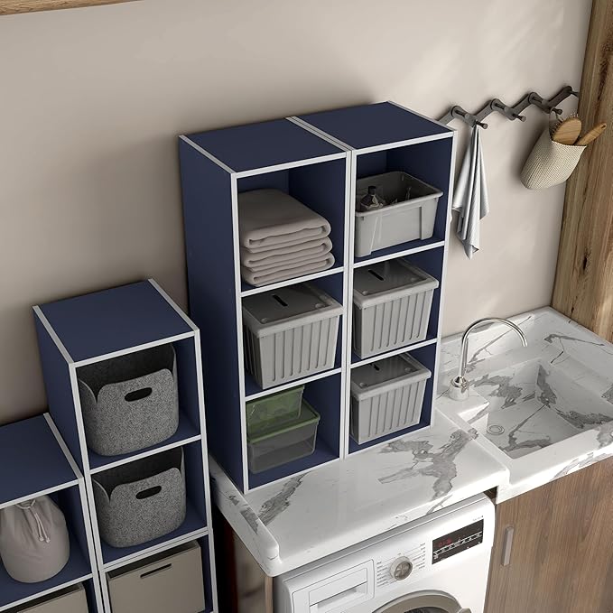 Homes: Inside + Out Apexa 3-Cube Storage Organizer Shelves, Stackable Wood Bookcase Fits Cubby Bins for Organization, Dorm Teen Room Decor & Home Office, Steel Blue