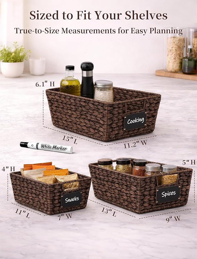 Pantry Organizers and Storage, Water Hyacinth Storage Baskets for Shelves, Brown Baskets for Organizing, Pantry Baskets with Chalkboard Labels and Marker