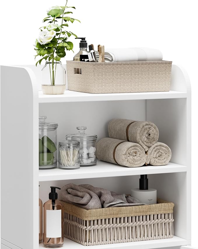 Homhedy Small Bathroom Storage Cabinet, Freestanding Toilet Paper Storage with 2 Doors and Shelves, Bathroom Organizers and Storage for Small Spaces, Laundry Room, 7.9" D x 14.6" W x 31" H, White