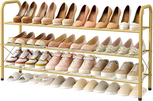 3 Tier Mesh Style Shoe Rack, Entryway Shoe Shelf, Shoe Storage Organizer, Gold
