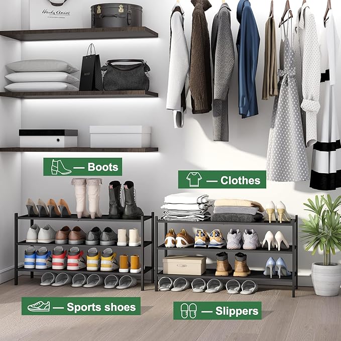 kiplant Black Long Shoe Rack, 3-Tier Bamboo Wood Shoe Rack for Entryway, Stackable | Foldable | Natural, Shoe Organizer for Hallway Closet, Free Standing Shoe Racks for Indoor Outdoor