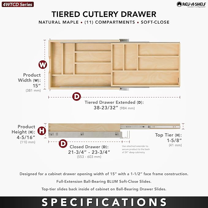Rev-A-Shelf Two-Tier Kitchen Utensil Drawer Organizer & Pullout Cutlery Tray, Soft-Close Slides, 18" Base & 15" Cabinet Opening, Wood, 4WTCD-18HSC-1