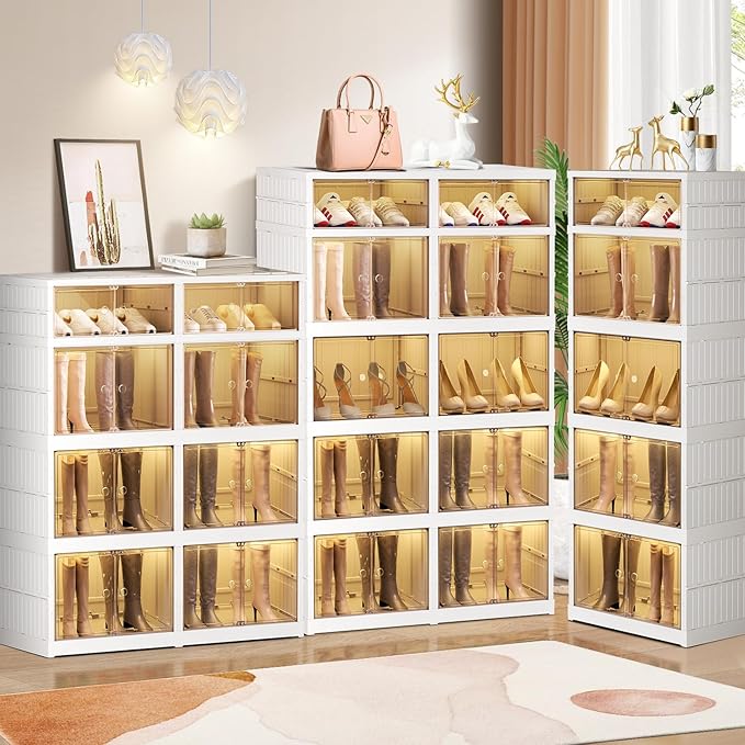 CIMLORD 5-Tier Foldable Shoe Rack Organizer for Closet 20Pairs Plastic Collapsible Shoes Storage Box Clear Shoe Boxes Stackable with Door Easy Assembly Shoe Cabinet Bins with Lids Large