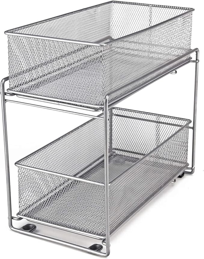2 Tier Sliding Basket Stackable Cabinet Pull-Out Drawer Mesh Organizer