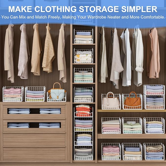Hongtamoya 4-Tier Stackable Closet Organizers and Storage Shelves, Foldable & Mutifunctional Clothes Storage Basket Sweater Organizer Bins Container for Wardrobe Kitchen Office Bathroom, White