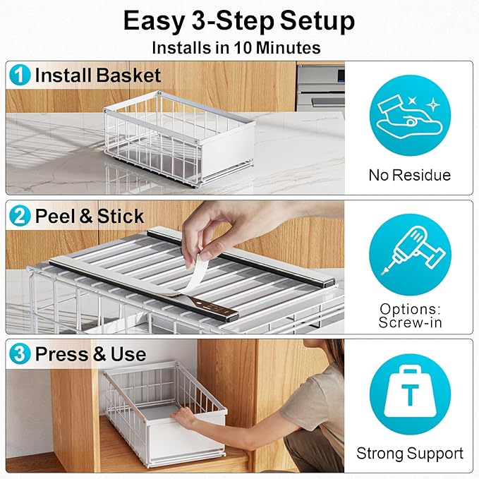 Pull Out Cabinet Organizer, Adhesive Slide Out Drawers with 6.9" High Sides