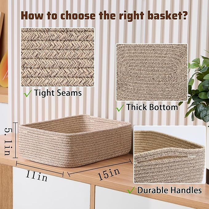 MiniArk Large Shallow Organizing Baskets 15x11x5.1 Inches - Rope Woven Storage Bins for Bathroom, Shelves, Cube Closet, Mixed Brown 4 Packs