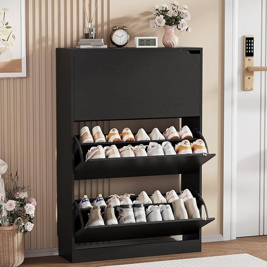 Shoe Storage Cabinet, Black, 47.2" x 31.5" x 9.25"