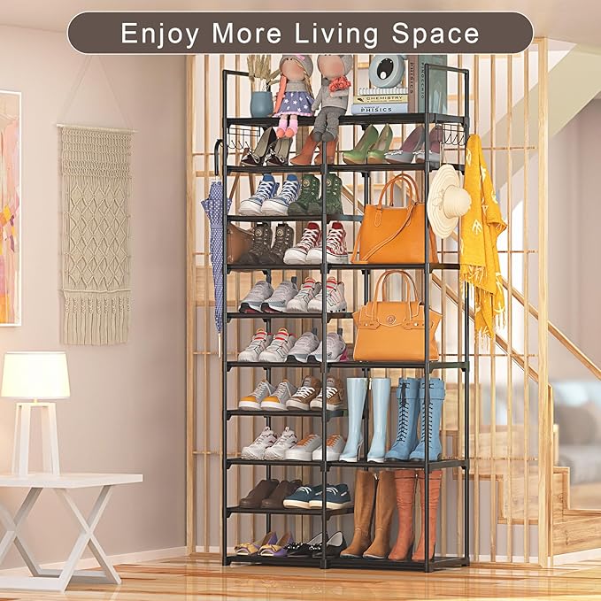 Kottwca 2 Row 10 Tier Tall Shoe Rack Organizer for Closet Entryway, 40-45 Pair Shoe Boot Storage Rack, Metal Shoe Shelf Small Vertical Stackable Shoe Stand for Bedroom Corner