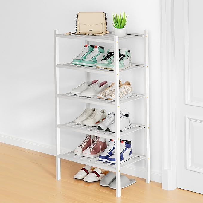 Smiry Small Bamboo Shoe Rack, 5 Tier Free Standing Wooden Shoe Organizer, Stackable Wood Shoe Storage Shelf for Closet, Entryway, 12 Vertical Slats, 2+2+1 Stack Standard Legs, 17.3"x11"x32.5", White