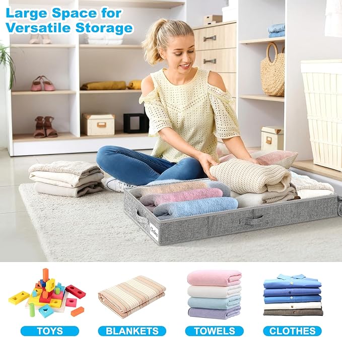 Under Bed Storage Container Bins 2 Pack, 4.5 Inch Slim Low Profile Underbed Clothes Storage Organizer for Dorm & Home, Use for Blanket and Toy Storage Box W/ Sturdy Bottom/Sides, Foldable Thick Fabric