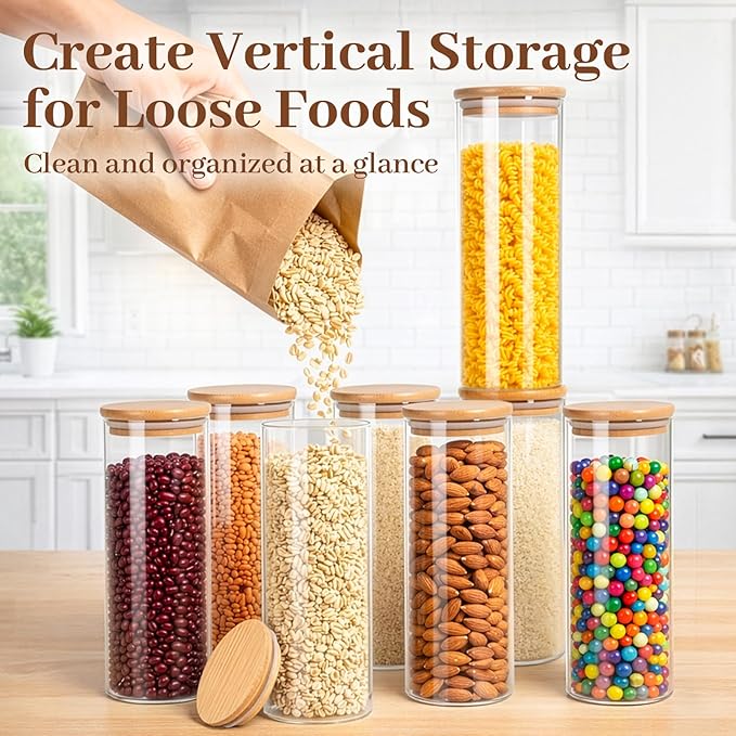 77L Stackable Glass Food Storage Containers with Lids [Set of 8 ], Airtight Glass Canister for Kitchen & Pantry Organization, Clear Borosilicate Jars for Pasta, Cereal, Flour, Sugar, Nuts