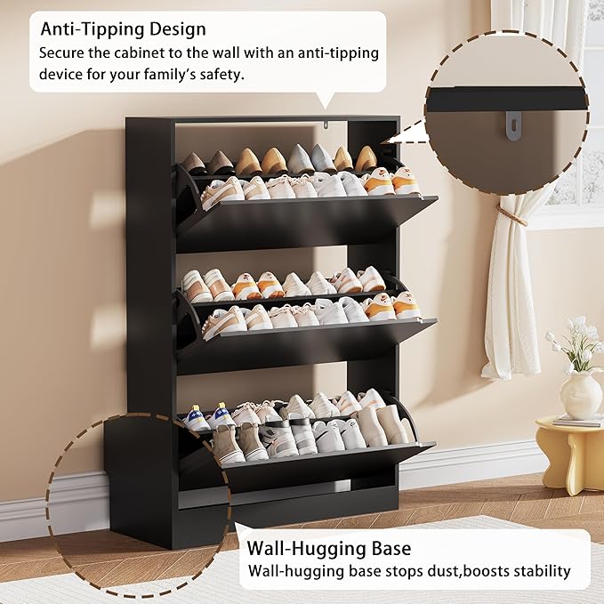Shoe Storage Cabinet, Wood Shoe Organizer for Entryway with 3 Flip Drawers, Freestanding Shoe Rack with Adjustable Shelf, Narrow Shoe Dresser for Front Door Entrance(Black, 47.2" x 31.5" x 9.25")