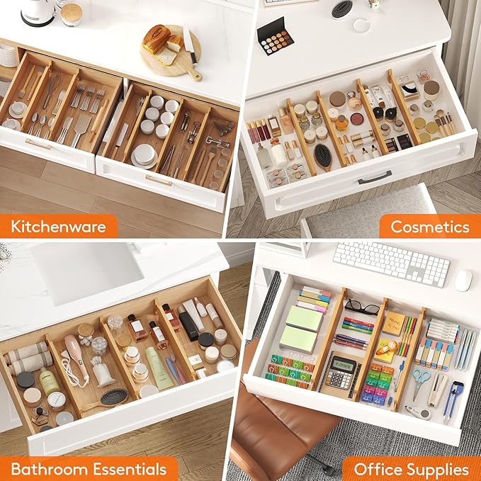 4" High 8 Pack Bamboo Drawer Dividers 43-54cm/17-21.5" Adjustable Wooden Drawer