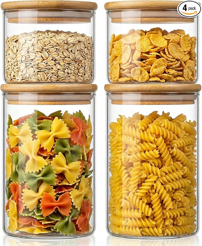 32oz & 21oz - 4 Pack Glass Jars with Bamboo Lids, Glass Pantry Storage Containers with Airtight Lids, Round Air Tigh Food Storage Canisters for Cereal, Pasta, Flour, Sugar, Best for Kitchen Organizer