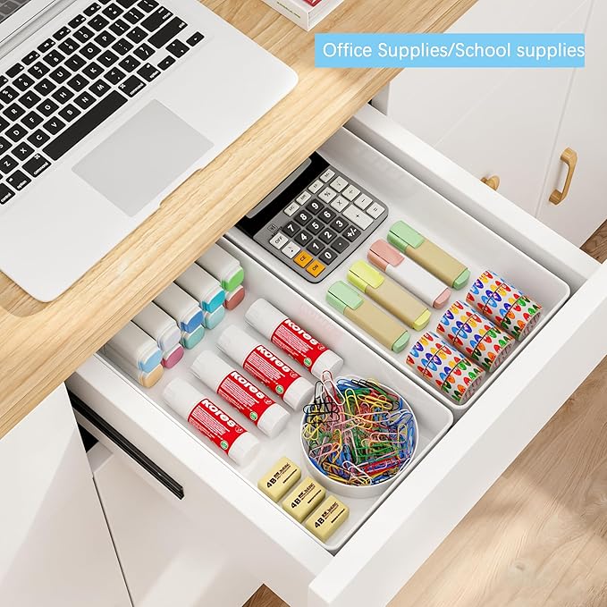 3 Pack White Large Size Plastic Drawer Organizer Tray Cutlery Utensil Makeups
