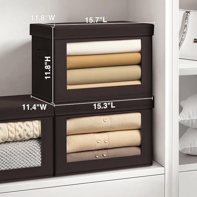 Homsorout Stackable Storage Bins with Lids - Large Decorative Basket with Lids, Fabric Foldable Closet Organizer Bins, Shelf Organizer for Living Room, Dorm, 5 Pack, Brown